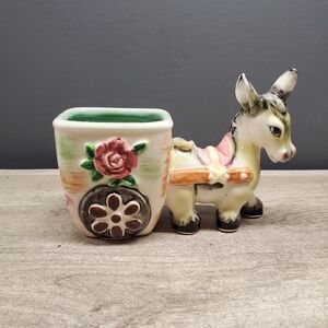 Vintage ceramic donkey pulling a cart planter/trinket holder